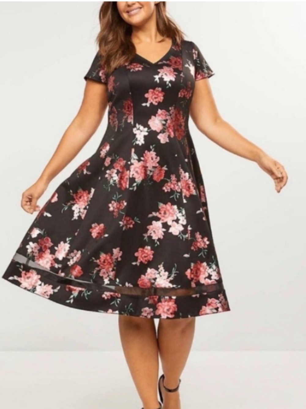 Floral V-Neck A-Line Dress in Black with Pink Blooms